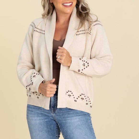 JOA Beige Horse Jacquard Shawl Knit Cardigan Sweater Western Country Sz L - Picture 2 of 13